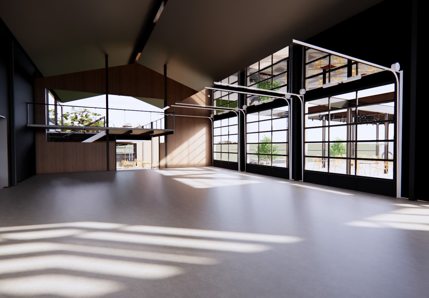Rail & Main interior concept rendering showing the proposed hall and large glass overhead doors