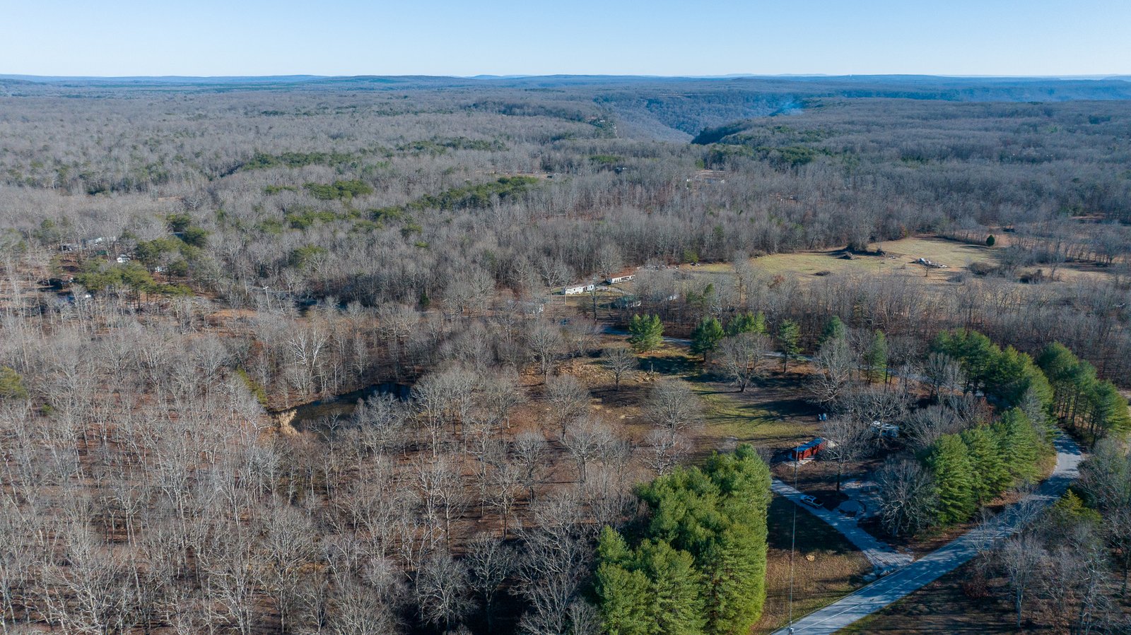 Aerial view of Everwild Park property and surrounding Cumberland Plateau landscape in Monteagle, Tennessee